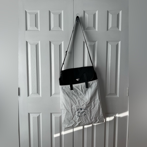 Prada Handbags - Prada Black Nylon Messenger Bag Smooth Leather Trim Silver accents